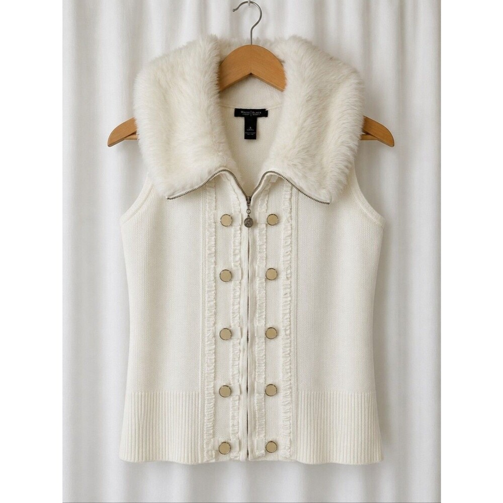 White House Black Market Off White  Faux Fur Collar Sweater Vest Preppy Chic